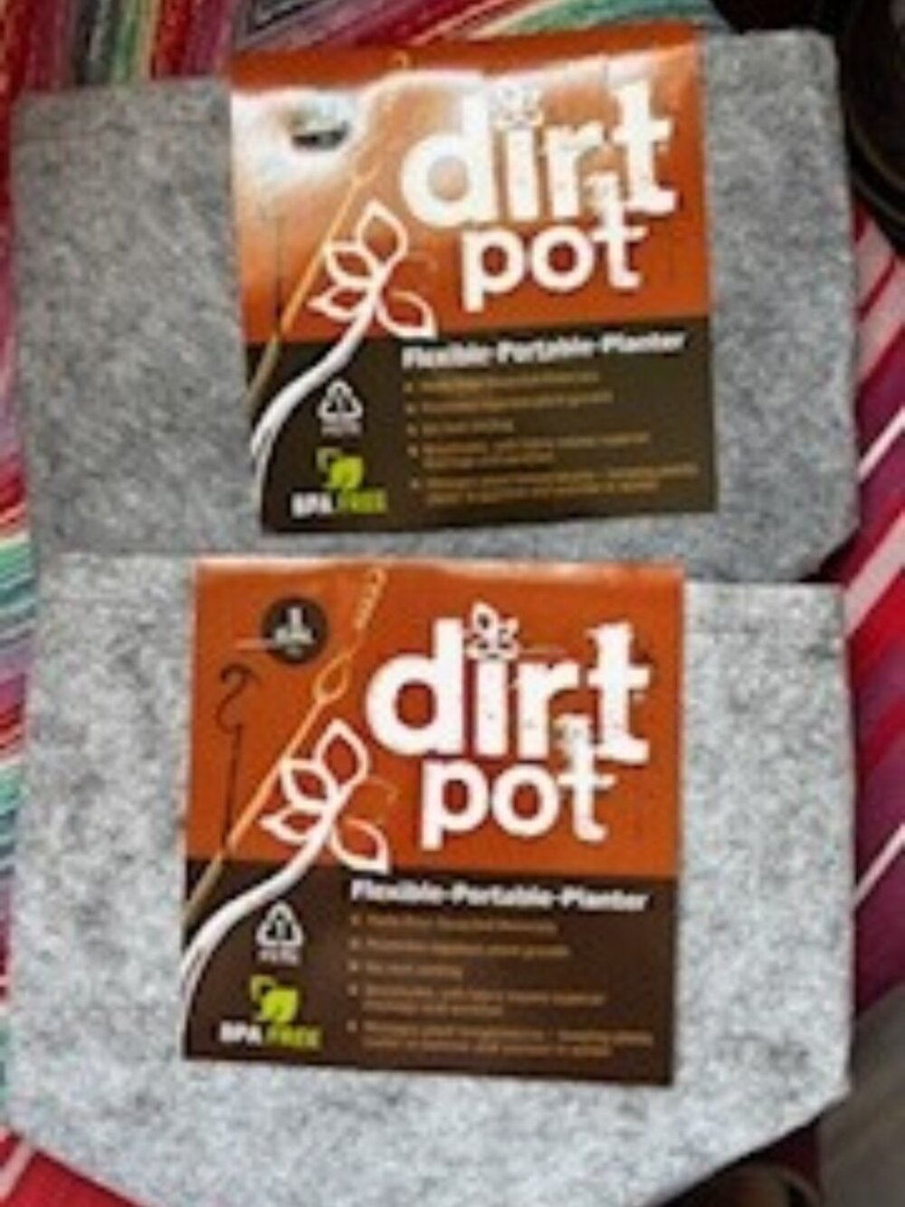 Two DirtPots for home gardening, breathable fabric, 6" diameter X 7.5" tall.